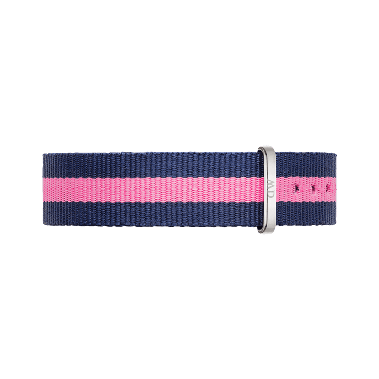 Winchester Strap Silver features a navy blue and pink striped 18mm NATO style watch strap with an adjustable polished silver buckle, crafted from lightweight polyester fabric.