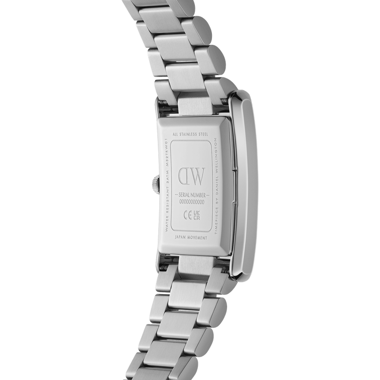 Bound 3-Link Silver watch showing the stainless steel case back, engraved details, and three-link silver bracelet, highlighting its durable construction and Japanese movement.
