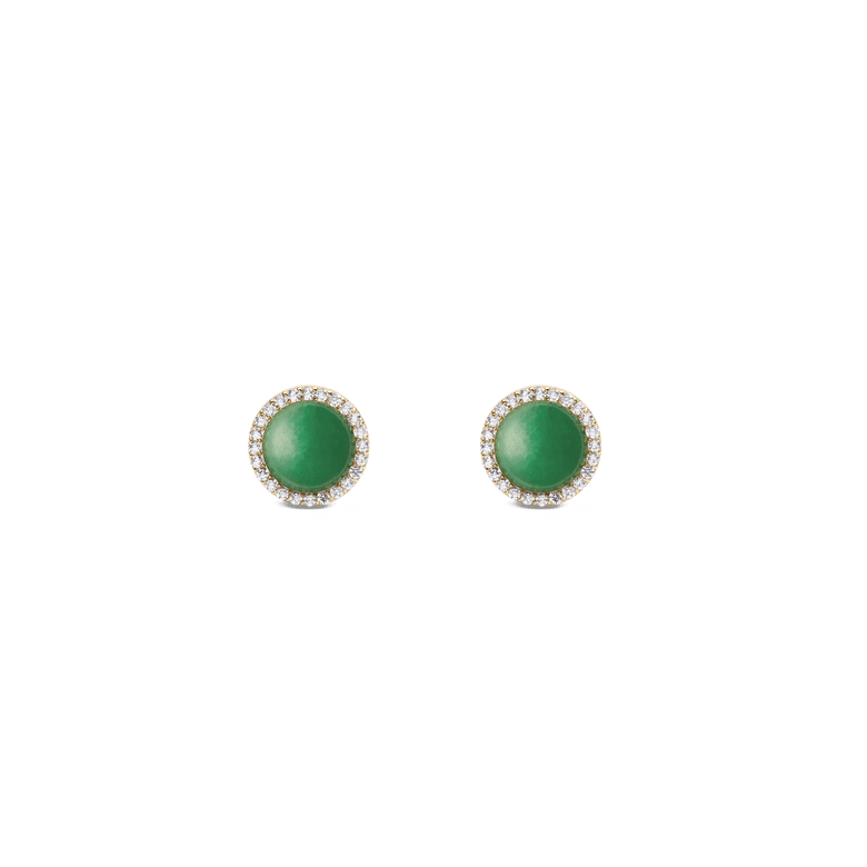 A pair of Daniel Wellington Audrey Earrings Jade Gold featuring round green jade stones set in gold with a halo of sparkling white crystals, designed as elegant stud earrings.