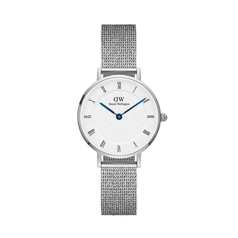 Petite Roman Numerals Sterling ladies watch with a white dial, Roman numerals, blue steel hands, and an adjustable silver mesh strap, crafted from stainless steel for a refined and comfortable fit.