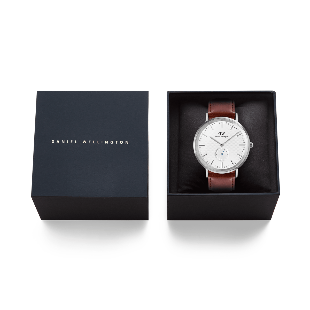 Classic Multi-Eye St Mawes Off-white Sunray Silver men's watch with a brown leather strap presented in a branded Daniel Wellington gift box, ideal for gifting or everyday use.