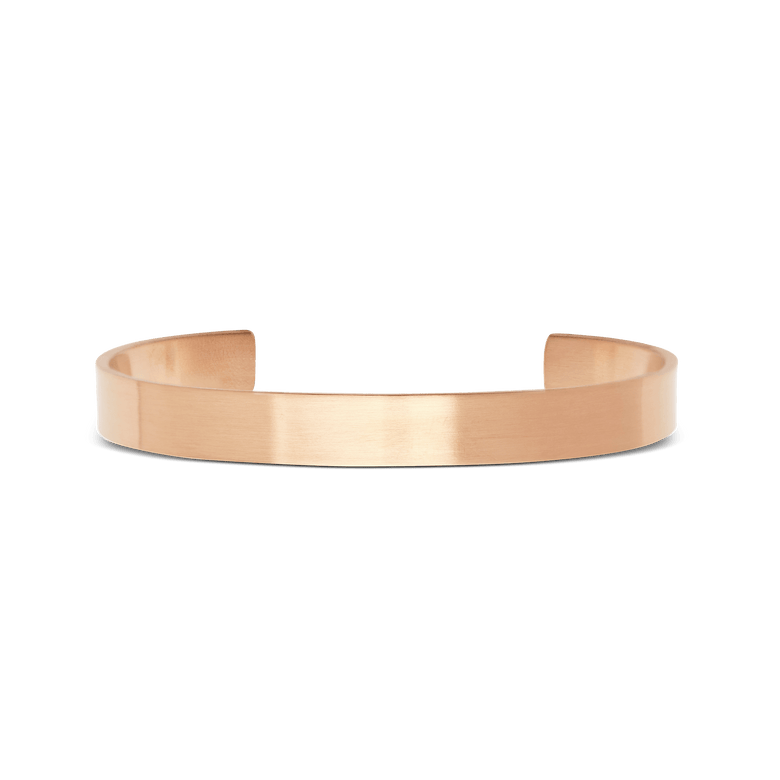 Minimalist Line Cuff Brushed Rose Gold bracelet with a brushed rose gold finish, featuring a slim open cuff design crafted from stainless steel, shown against a plain background.