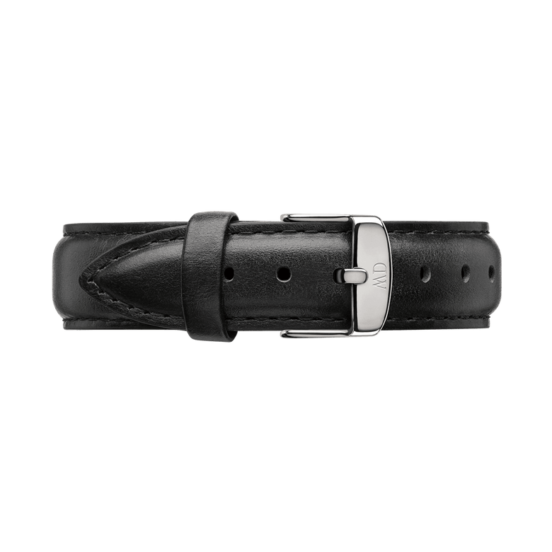 Sheffield Strap Silver crafted from smooth black leather with neat stitching and a polished silver buckle, designed to fit a variety of watch faces for a refined, timeless look.