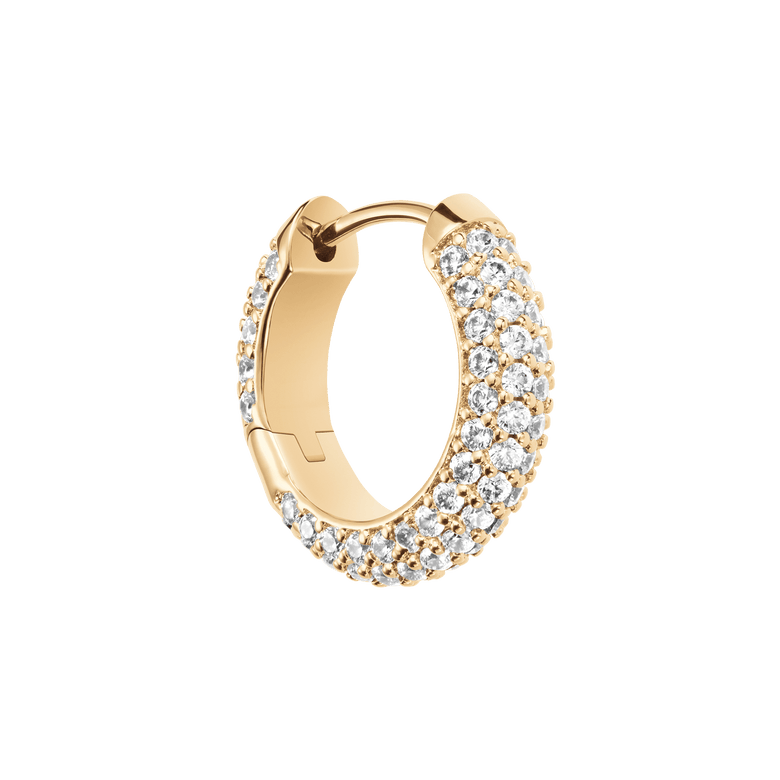 Single Pavé Crystal Earrings Gold hoop, crafted from gold plated brass and set with rows of sparkling cubic zirconia crystals in a pavé claw setting.
