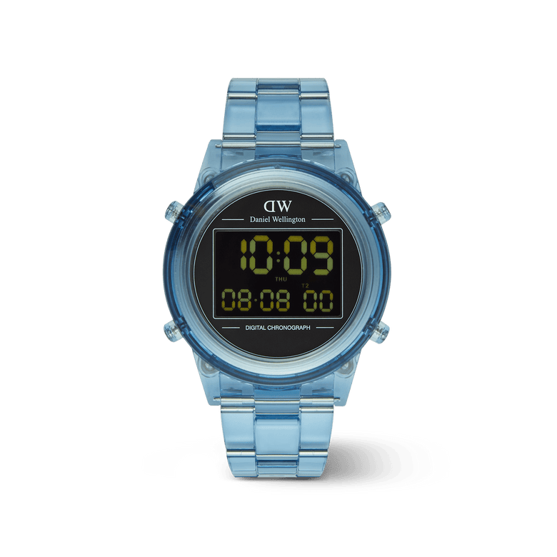 Retro Digital Light Blue Light Blue watch featuring a transparent light blue link bracelet, round black digital dial with yellow LED display, and bold 42mm case, blending vintage style with modern functionality.