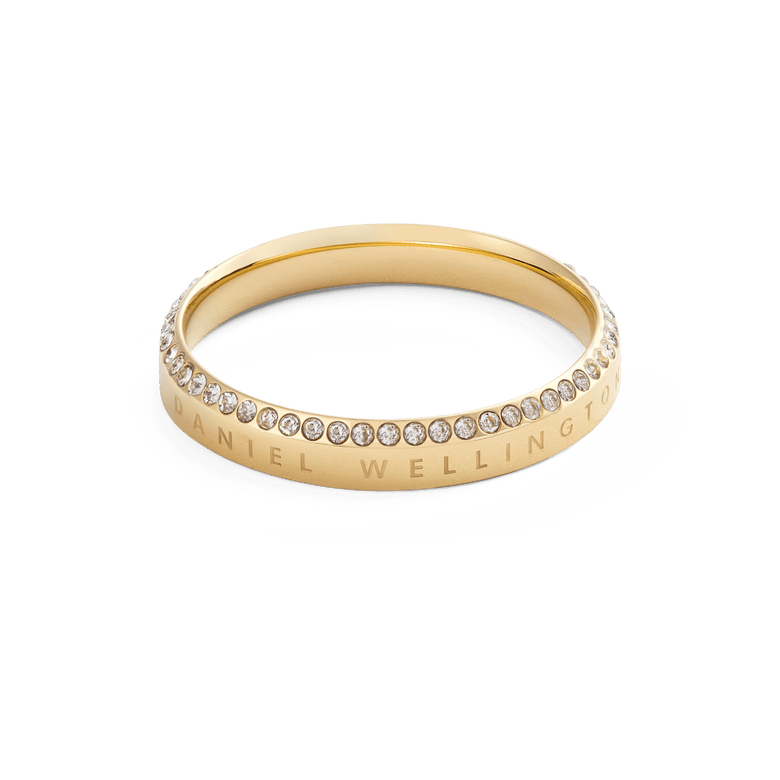 Classic Aura Ring Gold featuring a minimalist gold band with engraved branding and a row of white cubic zirconia crystals along the top edge.