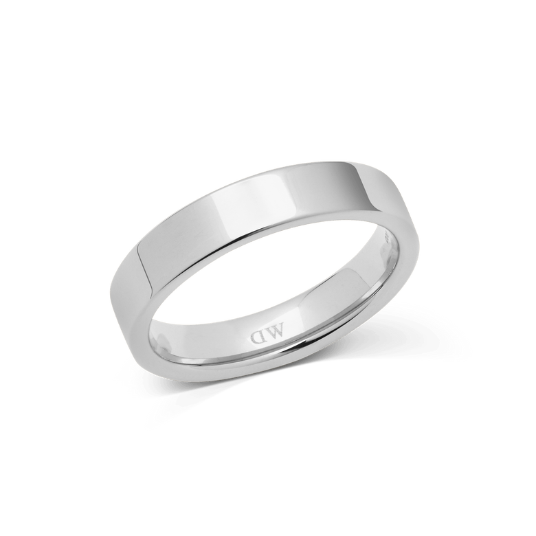 Polished silver band ring with a sleek, modern finish and clean lines, featuring a discreet logo on the inside and a comfortable 4.5mm width suitable for everyday wear.