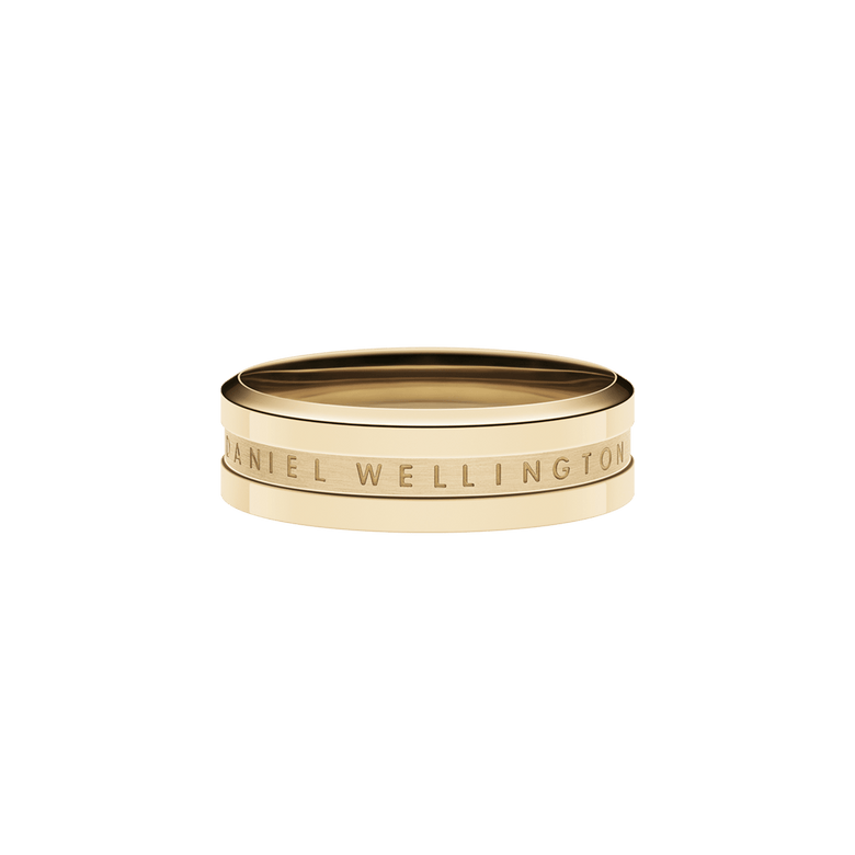 Elan Ring Gold featuring a minimalist band silhouette, polished gold finish and engraved Daniel Wellington logo, shown against a plain background.
