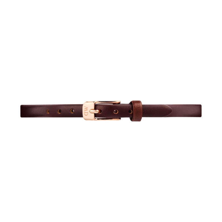 Pressed St Mawes Strap Rose Gold features a slim brown genuine leather band with a polished rose gold pin buckle, designed for petite watch cases and suitable for both casual and formal styling.