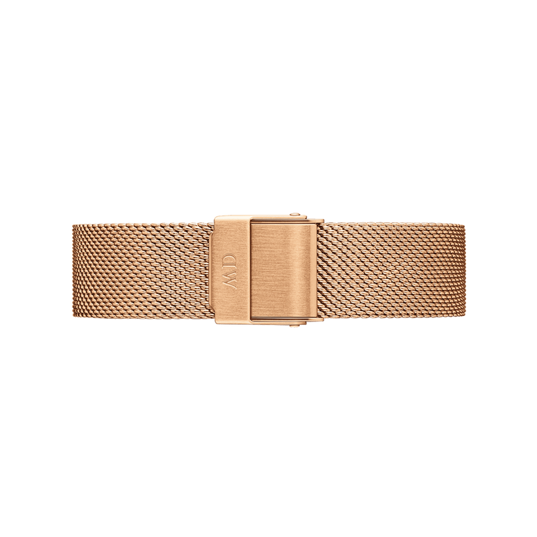 Melrose Strap Rose Gold mesh watch strap in a warm rose gold finish, featuring a fine mesh pattern and a matching fold-over clasp for a modern, seamless look.