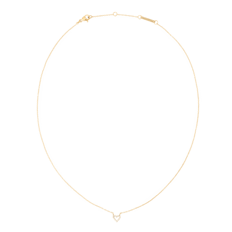 Delicate gold chain necklace featuring a small open heart pendant set with white cubic zirconia crystals, designed for a refined and elegant look.