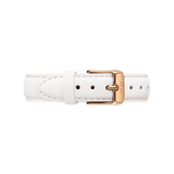 Bondi Strap Silver in white genuine leather with a rose gold buckle, featuring fine stitching and an adjustable design for classic or petite watches.