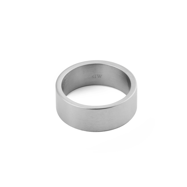 Line Ring Brushed Silver 8mm with a wide brushed silver band, minimalist profile, and smooth polished inner curve, crafted from stainless steel for a modern and versatile look.