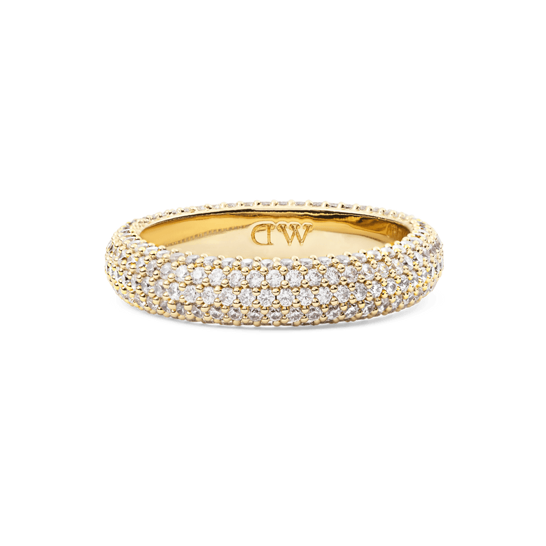 Pavé Ring Gold 5 mm with a wide gold-plated band, featuring rows of white cubic zirconia crystals in a pavé setting for a refined and sparkling finish.