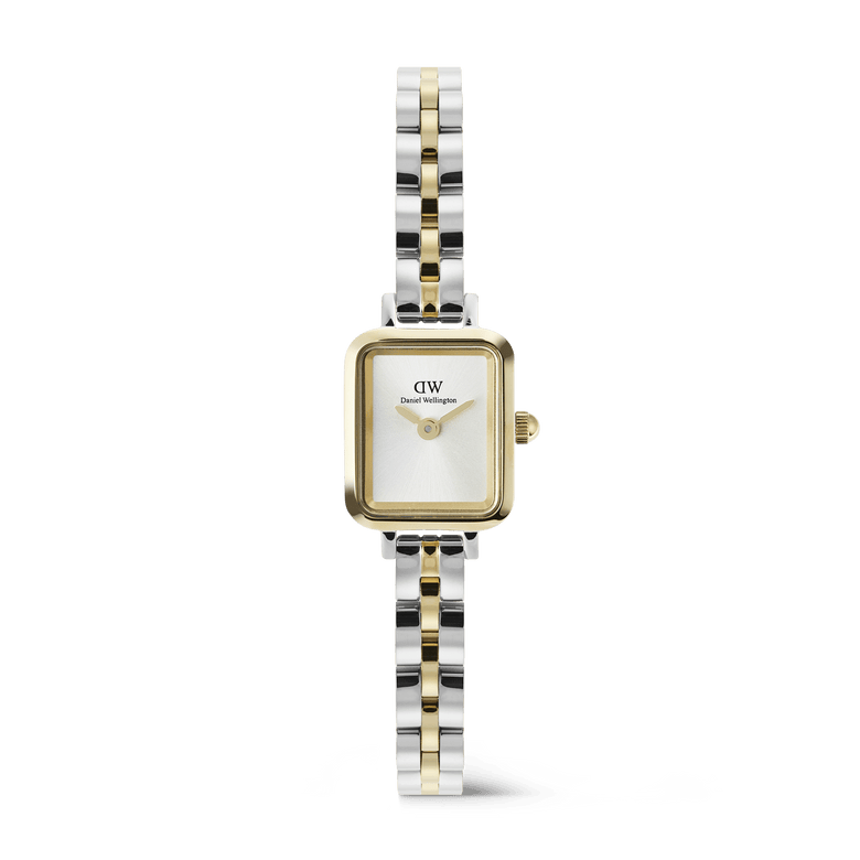 Quadro Mini Arch 3-Link Two Tone Gold ladies watch featuring a petite rectangular case, white dial, and a slim gold and silver 3-link stainless steel bracelet with a polished finish.