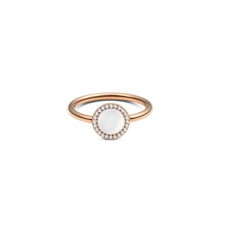 Rose gold ring featuring a round mother of pearl centrepiece surrounded by a halo of white cubic zirconia, set on a slim polished band.