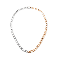 Contrast Link Necklace Two Tone Rose Gold featuring squared architectural links in polished rose gold and silver, with a seamless half-and-half design ideal for layering or wearing solo.
