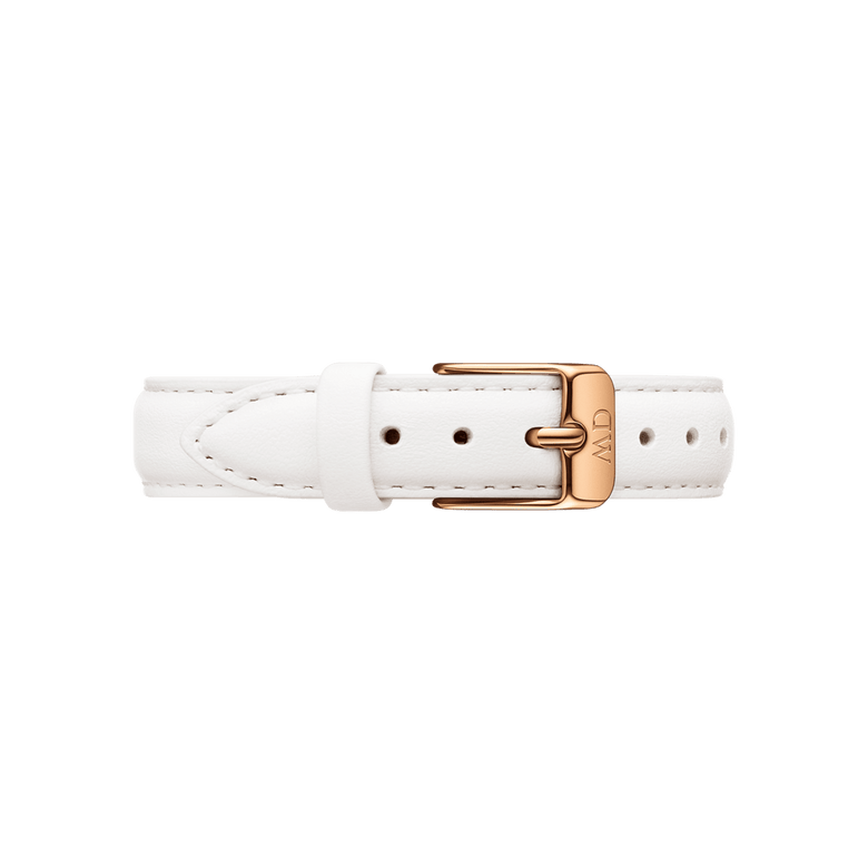 Bondi Strap Rose Gold features a crisp white genuine leather watch strap with a rose gold buckle, detailed stitching, and an adjustable fit, designed for ladies' watches in 12mm or 14mm sizes.