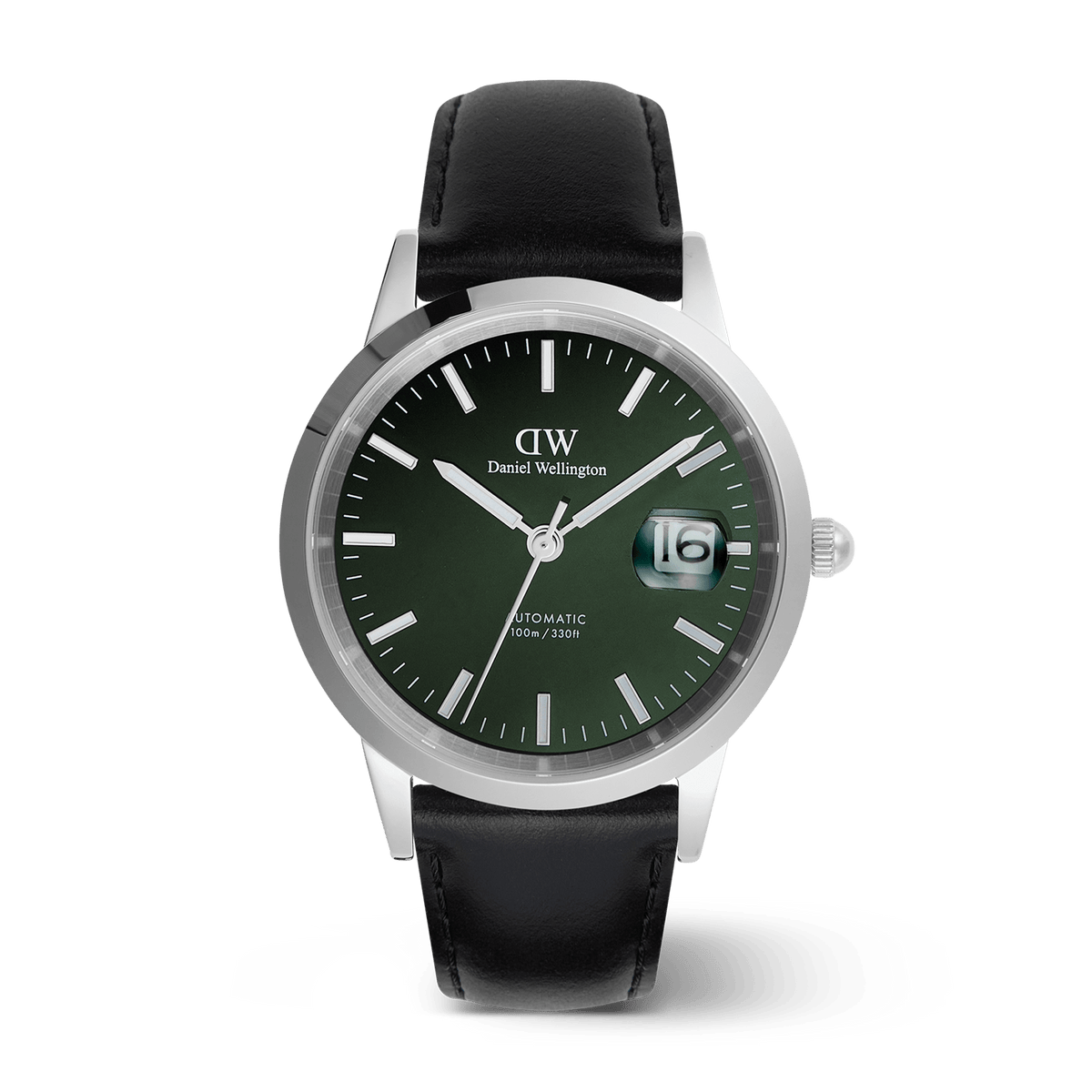 Iconic Sheffield Automatic Silver men's watch with a round silver case, emerald green enamel dial, luminous markers, magnified date display, and a black Italian leather strap.