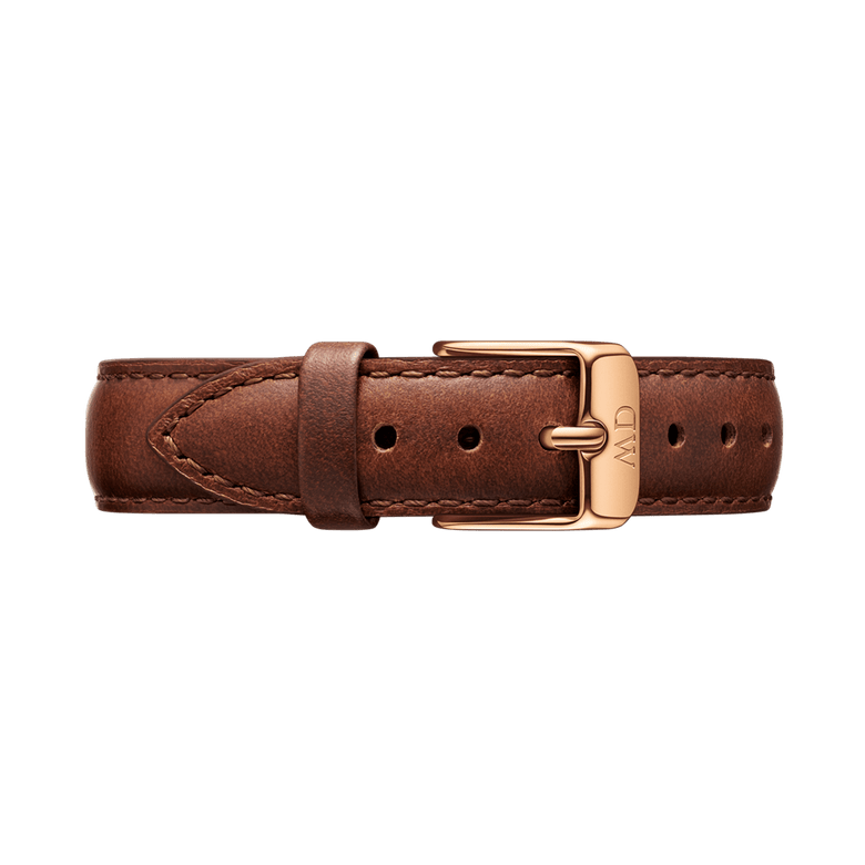 St Mawes Strap Rose Gold features genuine brown leather with a rose gold buckle, detailed stitching, and adjustable holes for a comfortable and stylish fit.