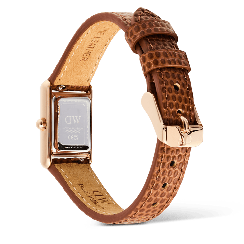 Back view of the Daniel Wellington Bound Mini Light Brown Lizard Rose Gold watch, highlighting the engraved stainless steel case back, genuine leather lizard-textured strap, and rose gold pin buckle.