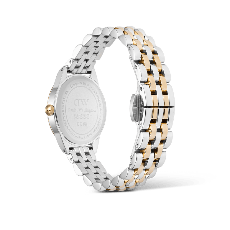 Back view of the Ophelia Mini Two Tone Gold ladies watch showing the stainless steel case, gold crown, and polished gold and silver link bracelet with a secure clasp.