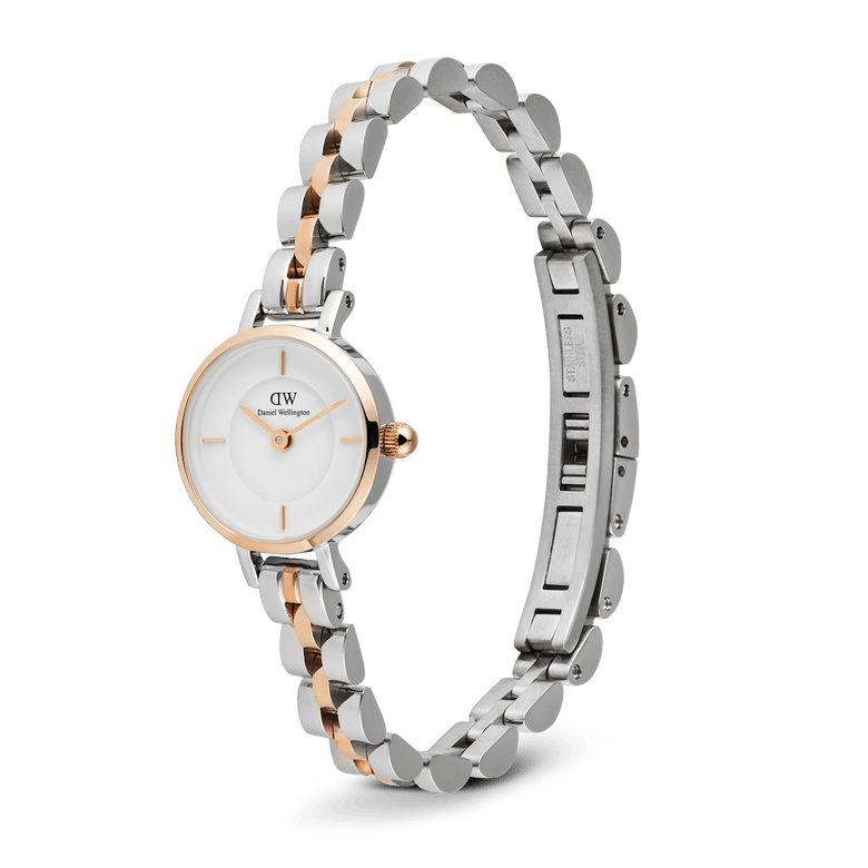 Petite Mini Arch 3-Link Two Tone Rose Gold watch featuring a slim 19mm case, minimalist white dial, and a polished three-link bracelet in rose gold and silver with a button-less butterfly clasp.