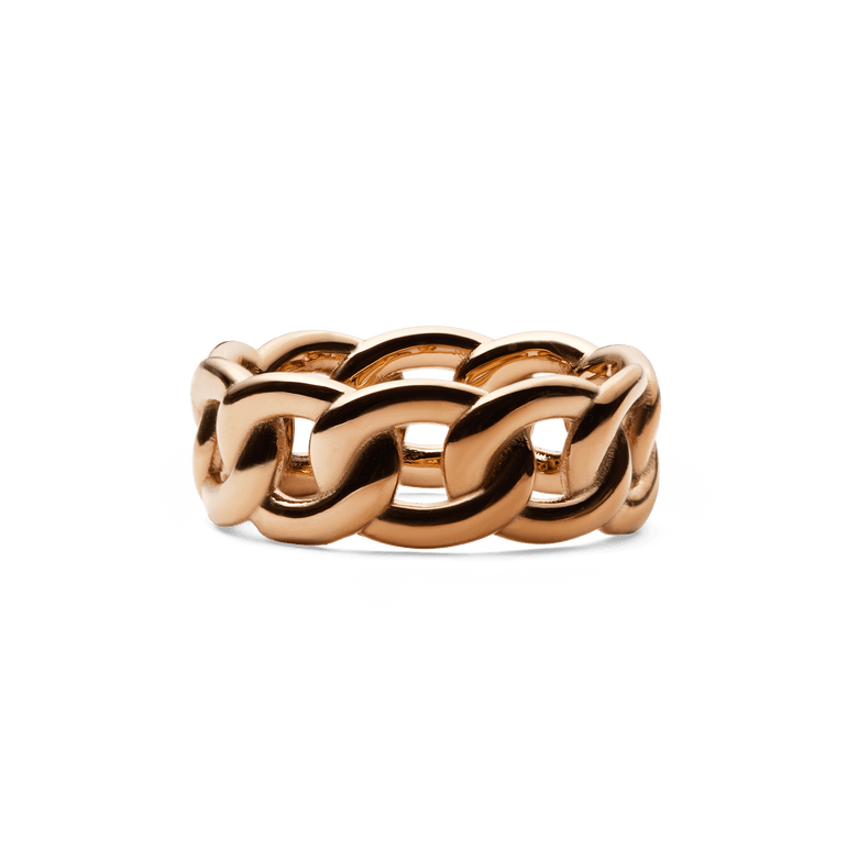 Chunky rose gold ring with a chain-inspired design, featuring polished, sculpted links and a smooth, rounded finish.