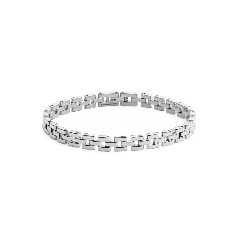 Polished silver 3-Link Bracelet featuring geometric links and a secure fold-over clasp, crafted from stainless steel for a sleek, modern look suitable for everyday wear.