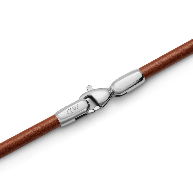 Close-up of the St Mawes Bracelet Silver showing the premium brown leather band and polished silver 316L stainless steel lobster clasp, highlighting its minimalist and refined design.