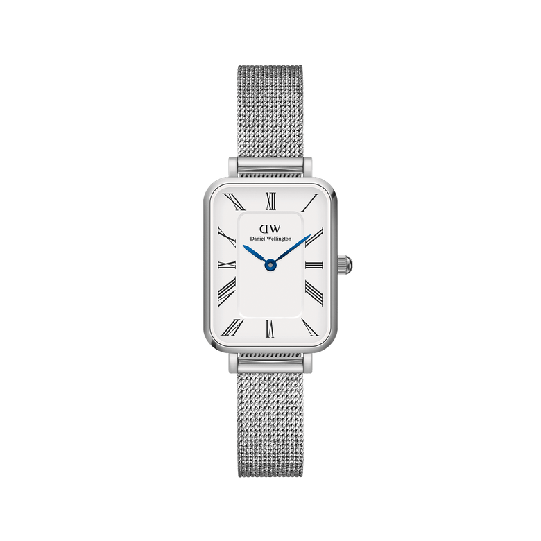 Quadro Roman Numerals Sterling ladies watch featuring a rectangular silver case, crisp white dial with Roman numerals, blue steel hands, and a polished silver mesh strap.