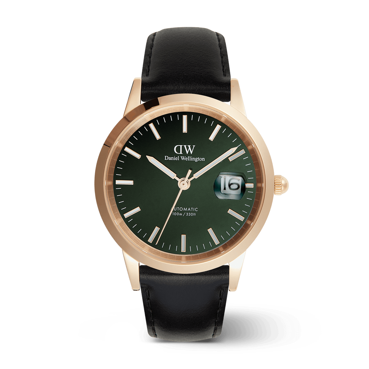 Men’s Daniel Wellington Iconic Sheffield Automatic Rose Gold watch featuring a 40mm rose gold case, emerald green enamel dial with luminous markers, magnified date display, and a black leather strap.