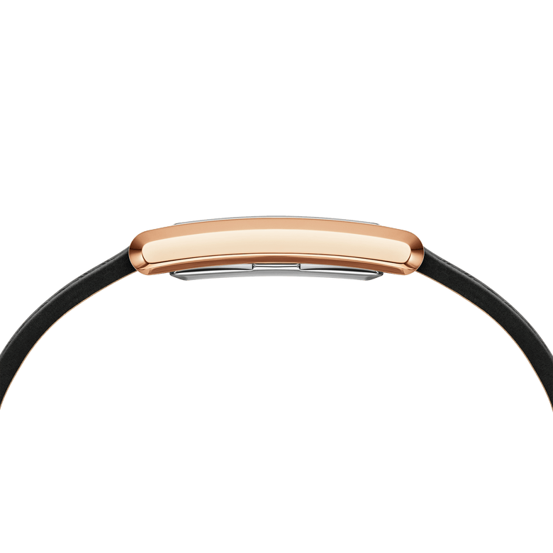 Side profile of the Bound Black Crocodile Rose Gold watch, highlighting its slim rose gold rectangular case and black leather strap for a sleek, comfortable fit.
