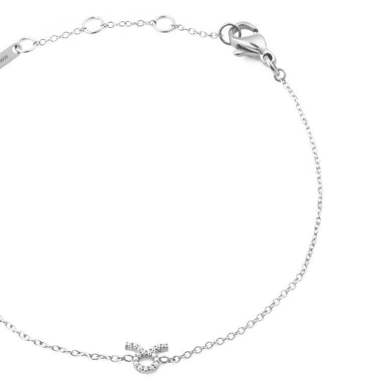 Close-up of the Crystal Zodiac Chain Bracelet Silver with a Taurus zodiac charm set with sparkling crystals and an adjustable fine chain.