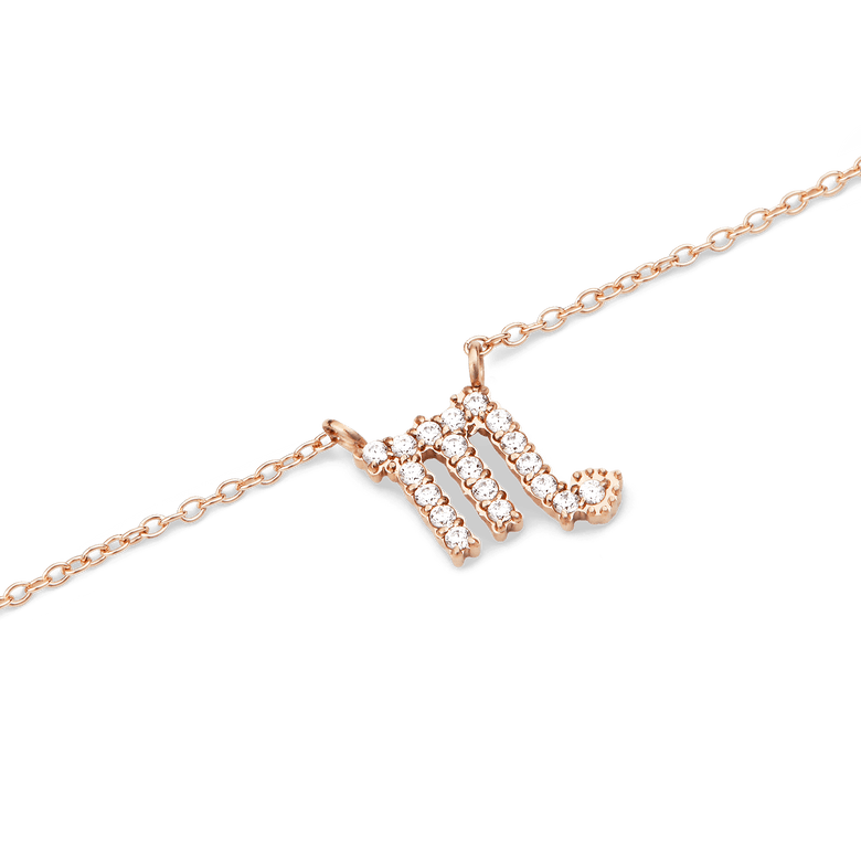 Crystal Zodiac Chain Necklace Rose Gold featuring a Scorpio zodiac pendant set with sparkling crystals on a delicate rose gold chain.