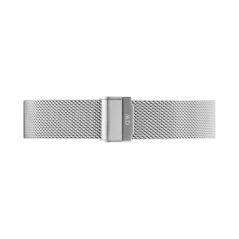 Silver Mesh Sterling Strap with a fine mesh pattern and polished stainless steel finish, featuring a fold-over clasp for secure and comfortable wear.