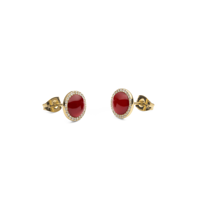 Audrey Earrings Red Agathe Gold feature domed red agate stones set in gold with a halo of white crystals and secure gold backings, offering a classic and elegant stud design.