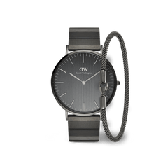 Classic Piano Link Graphite Unitone & Mesh Bracelet Set featuring a graphite coloured stainless steel watch with a minimalist round dial and an adjustable mesh bracelet, both designed for a sleek, modern look.