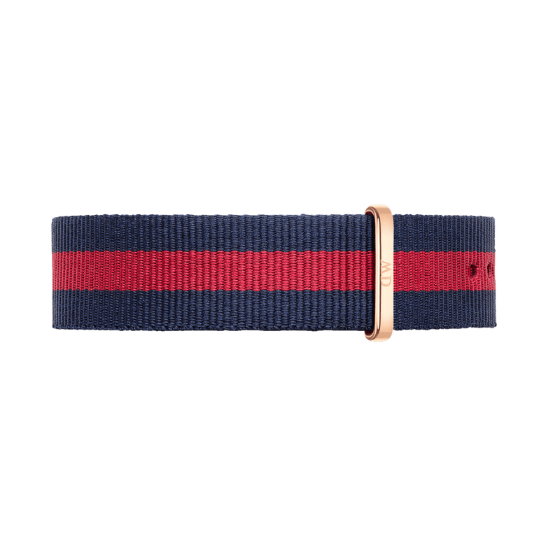 Oxford Strap Rose Gold NATO watch strap in navy blue and red striped polyester with a polished rose gold buckle, designed for easy fitting and a modern, versatile look.