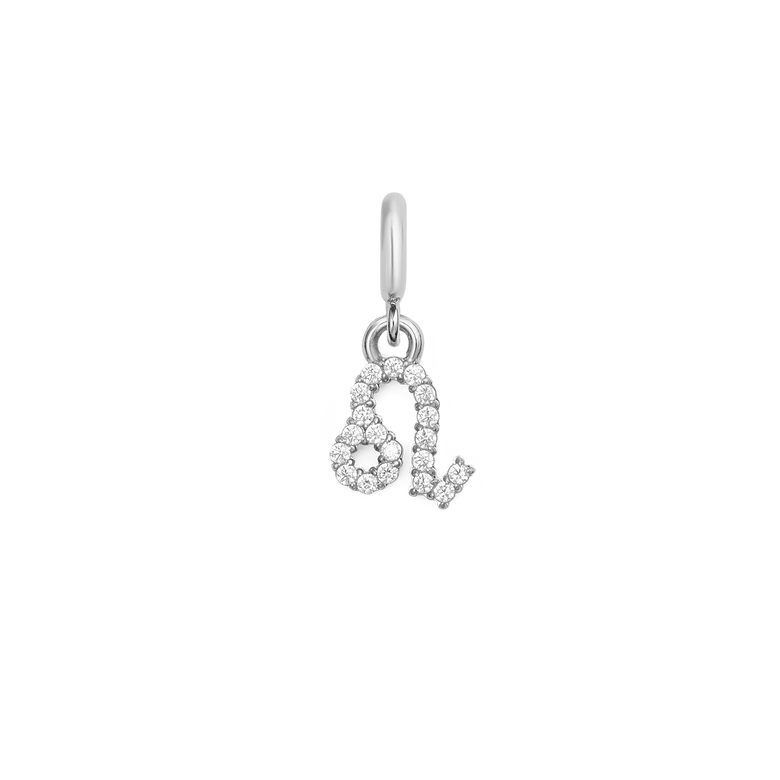 Leo zodiac watch charm in silver, featuring a sparkling astrological symbol set with cubic zirconia crystals and a smooth finish, designed for Daniel Wellington watches or bracelets.