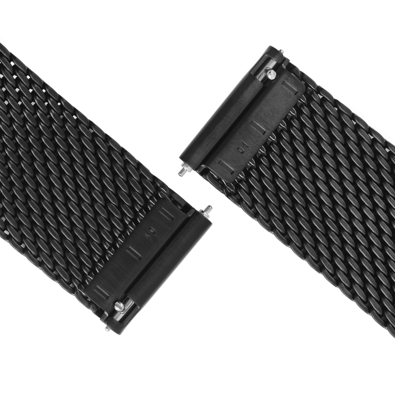Close-up of the Onyx Mesh Strap showing the black woven stainless steel mesh and quick-release spring bars for easy attachment and adjustment.