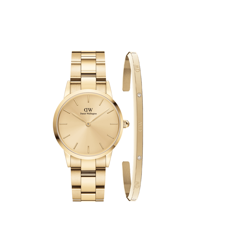 Gold Iconic Link watch with a minimalist round dial and matching Classic Lumine bracelet featuring subtle crystal accents, both crafted from stainless steel with a polished gold finish.