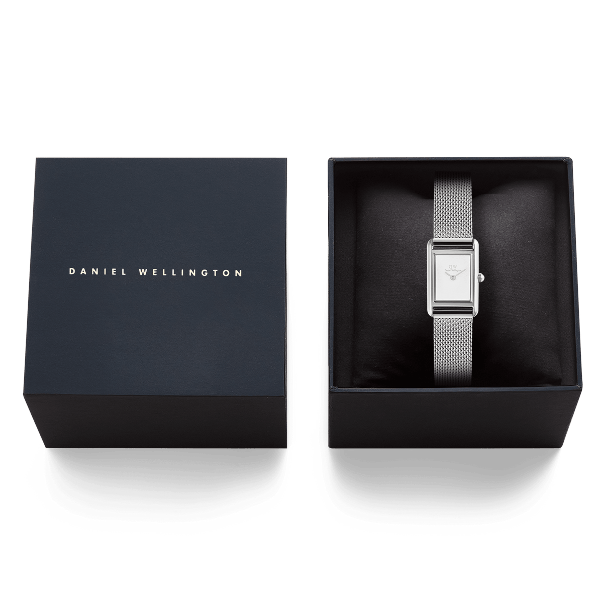 Bound Mini Sterling ladies watch with a rectangular silver-tone case and mesh strap, presented in a dark branded Daniel Wellington gift box.