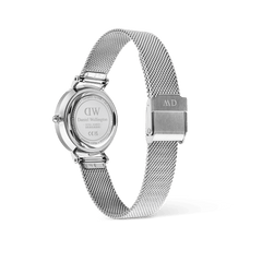 The back view of the Petite Roman Numerals Date Silver watch displays its engraved stainless steel case, secure fold-over clasp, and adjustable silver mesh strap designed for comfort and durability.