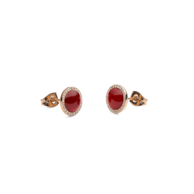 Audrey Earrings Red Agathe Rose Gold shown from the side, highlighting the domed red agate centre, sparkling cubic zirconia halo, and secure rose gold stud fastening.