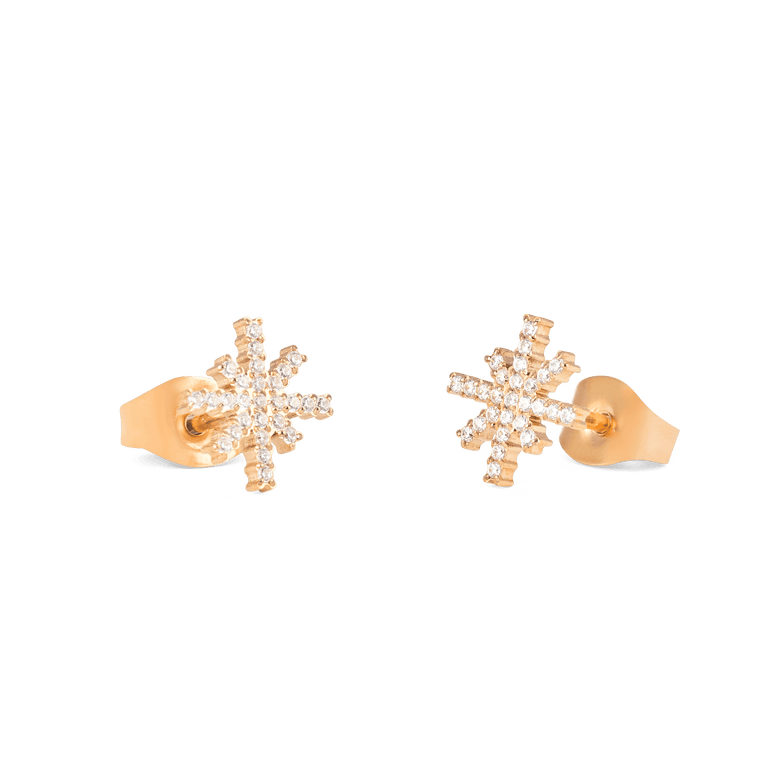 Mirelle Star Earring Rose Gold studs shown from the side and back, highlighting the starburst design with white cubic zirconia crystals and secure butterfly backs in a rose gold finish.