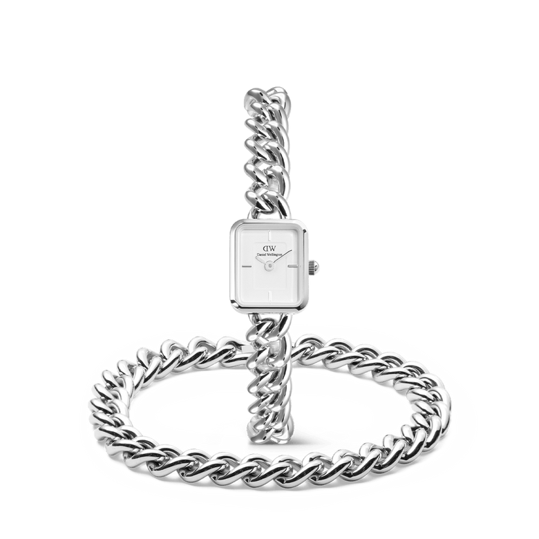 Silver watch and chunky chain bracelet set for women, featuring a square white dial and polished stainless steel chain design, styled together for a modern, cohesive look.