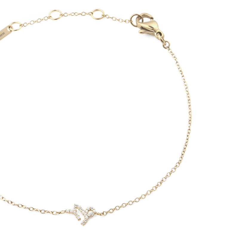 Crystal Zodiac Chain Bracelet Gold with a fine gold chain, adjustable sizing rings, and a sparkling crystal zodiac charm, finished with a secure lobster clasp.