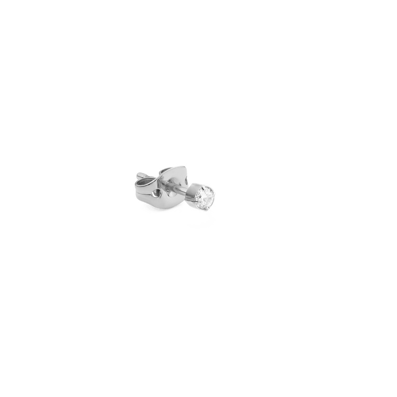 Crystal Stud Silver petite earring featuring a round cubic zirconia crystal in a minimalist stainless steel claw setting, shown against a plain background.