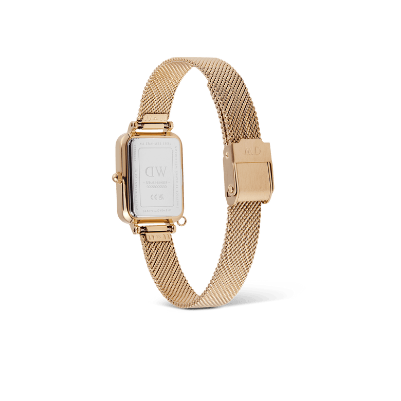 Quadro Crystal Zodiac Evergold gold watch for women showing the stainless steel case back, adjustable gold mesh strap, and secure clasp.